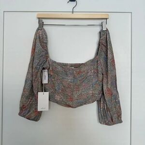 NWT Wilfred Aritzia Lolita Smocked Cropped Top Sz M Floral Long Puff Sleeve Boho